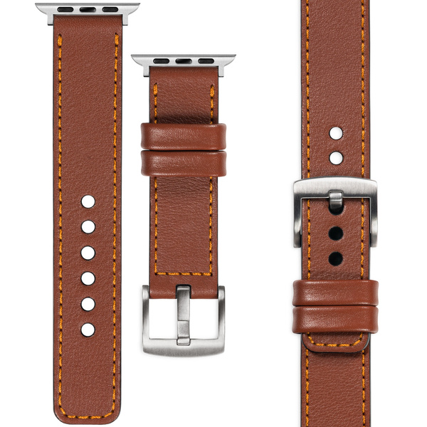 moVear Prestige C1 22mm Brown Leather strap for Apple Watch 10 / 9 / 8 / 7 / 6 / 5 / 4 / SE (46/45/44mm) & Ultra (49mm) | Brown stitching [sizes XS-XXL and buckle to choose from]