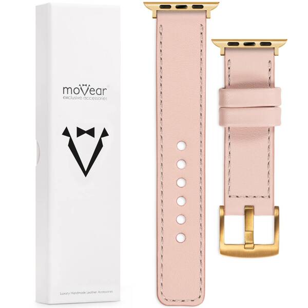 moVear Prestige C1 22mm Flesh pink Leather strap for Apple Watch 10 / 9 / 8 / 7 / 6 / 5 / 4 / SE (42/41/40mm) | Flesh pink stitching [sizes XS-XXL and buckle to choose from]