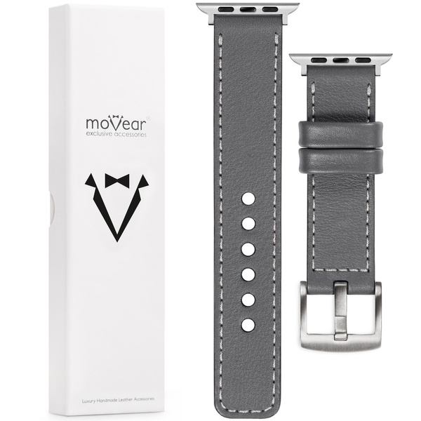 moVear Prestige C1 22mm Gray Leather strap for Apple Watch 10 / 9 / 8 / 7 / 6 / 5 / 4 / SE (42/41/40mm) | Gray stitching [sizes XS-XXL and buckle to choose from]