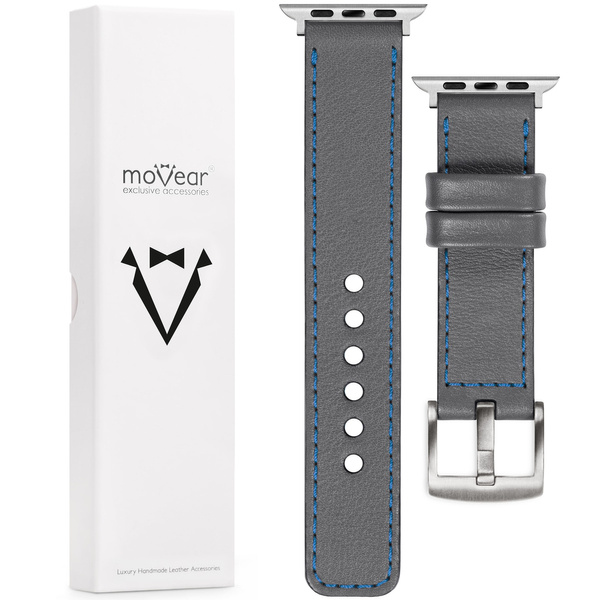 moVear Prestige C1 22mm Gray Leather strap for Apple Watch 10 / 9 / 8 / 7 / 6 / 5 / 4 / SE (46/45/44mm) & Ultra (49mm) | Gray stitching [sizes XS-XXL and buckle to choose from]