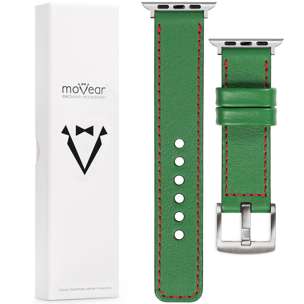 moVear Prestige C1 22mm Green Leather strap for Apple Watch 10 / 9 / 8 / 7 / 6 / 5 / 4 / SE (46/45/44mm) & Ultra (49mm) | Green stitching [sizes XS-XXL and buckle to choose from]