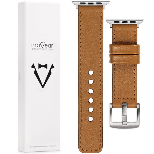 moVear Prestige C1 22mm Light brown Leather strap for Apple Watch 10 / 9 / 8 / 7 / 6 / 5 / 4 / SE (46/45/44mm) & Ultra (49mm) | Light brown stitching [sizes XS-XXL and buckle to choose from]