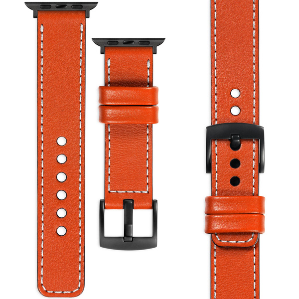 moVear Prestige C1 22mm Orange Leather strap for Apple Watch 10 / 9 / 8 / 7 / 6 / 5 / 4 / SE (46/45/44mm) & Ultra (49mm) | Orange stitching [sizes XS-XXL and buckle to choose from]