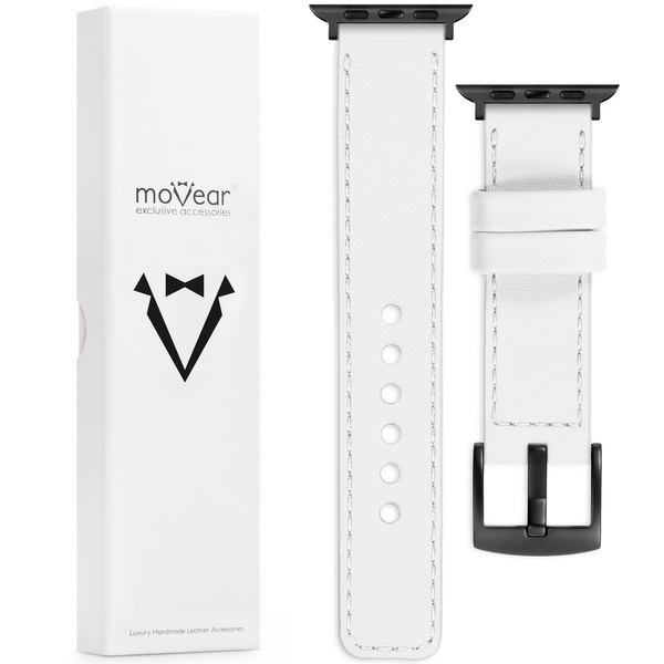 moVear Prestige C1 22mm White Leather strap for Apple Watch 10 / 9 / 8 / 7 / 6 / 5 / 4 / SE (42/41/40mm) | White stitching [sizes XS-XXL and buckle to choose from]