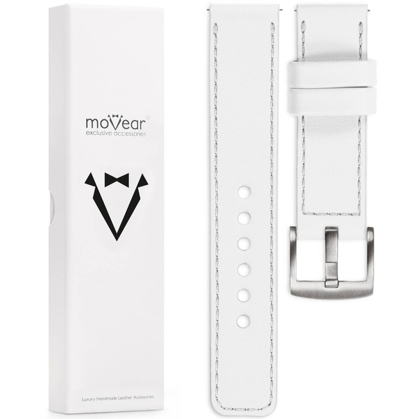 moVear Prestige C1 22mm White Leather strap for Garmin Vivoactive 4, Venu 3/2 | White stitching [sizes XS-XXL and buckle to choose from]