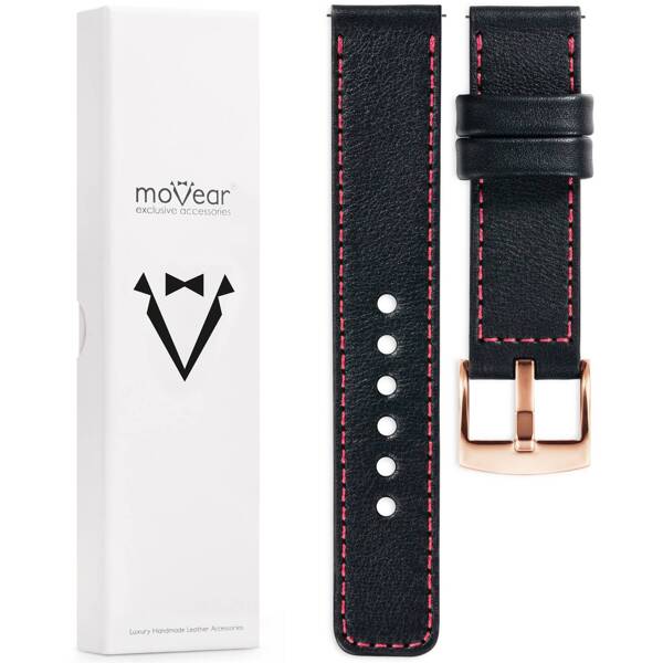 moVear Prestige C1 22mm leather watch strap | Black, Black stitching [sizes XS-XXL and buckle to choose from]