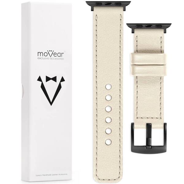 moVear Prestige C1 24mm Beige Leather strap for Apple Watch 10 / 9 / 8 / 7 / 6 / 5 / 4 / SE (46/45/44mm) & Ultra (49mm) | Beige stitching [sizes XS-XXL and buckle to choose from]