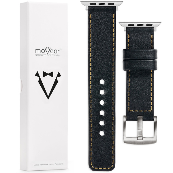 moVear Prestige C1 24mm Black Leather strap for Apple Watch 10 / 9 / 8 / 7 / 6 / 5 / 4 / SE (46/45/44mm) & Ultra (49mm) | Black stitching [sizes XS-XXL and buckle to choose from]