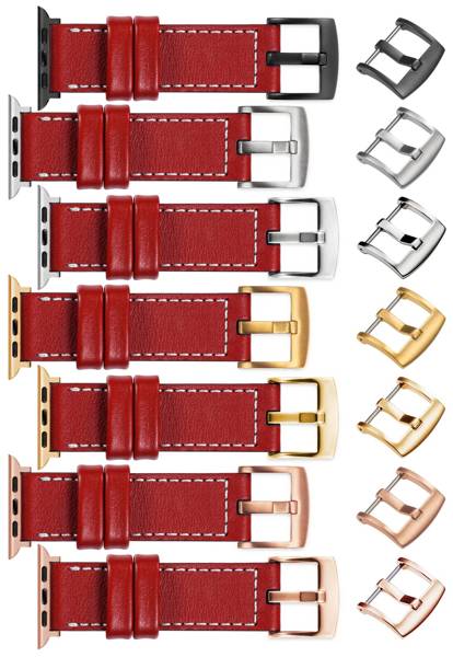 moVear Prestige C1 24mm Scarlet red Leather strap for Apple Watch 10 / 9 / 8 / 7 / 6 / 5 / 4 / SE (46/45/44mm) & Ultra (49mm) | Scarlet red stitching [sizes XS-XXL and buckle to choose from]