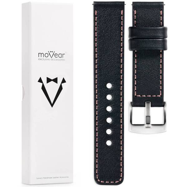 moVear Prestige C1 24mm leather watch strap | Black, Black stitching [sizes XS-XXL and buckle to choose from]