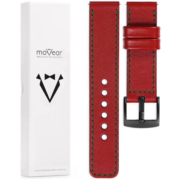 moVear Prestige C1 24mm leather watch strap | Scarlet red, Scarlet red stitching [sizes XS-XXL and buckle to choose from]