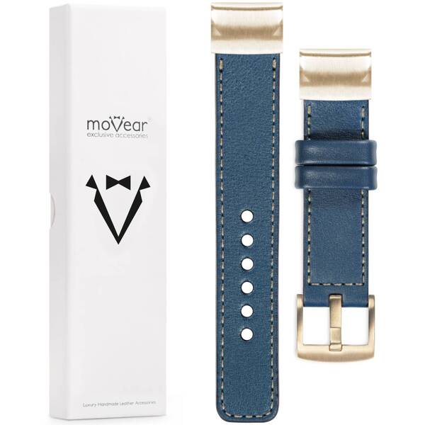 moVear Prestige C1 Leather strap for Garmin QuickFit 20mm (Fenix / Instinct - 43/42/40mm) Blue Jeans, Blue Jeans stitching [sizes XS-XXL and buckle to choose from]