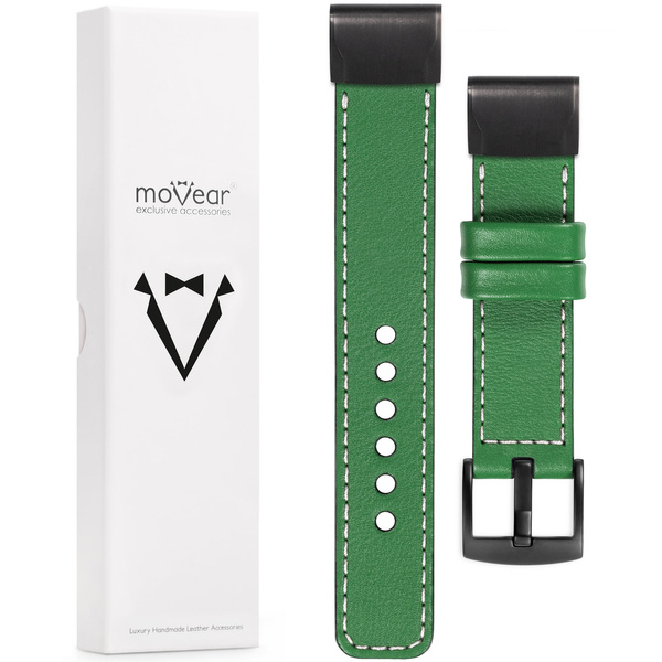 moVear Prestige C1 Leather strap for Garmin QuickFit 20mm (Fenix / Instinct - 43/42/40mm) Green, Green stitching [sizes XS-XXL and buckle to choose from]