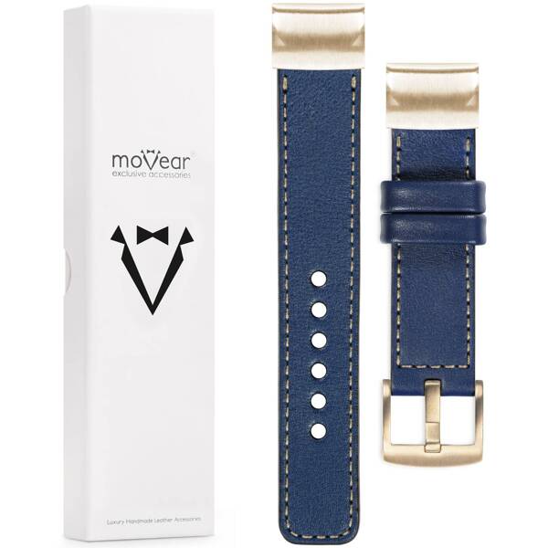 moVear Prestige C1 Leather strap for Garmin QuickFit 20mm (Fenix / Instinct - 43/42/40mm) Navy blue, Navy blue stitching [sizes XS-XXL and buckle to choose from]