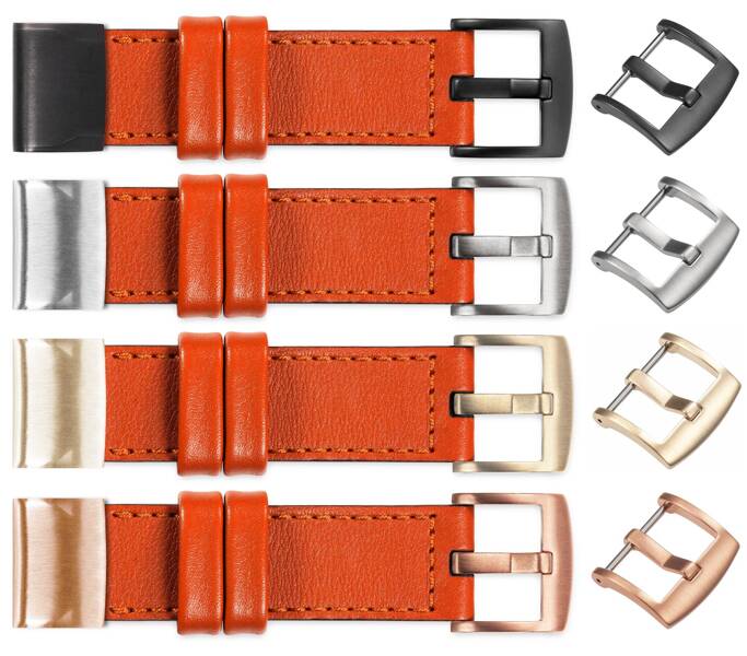 moVear Prestige C1 Leather strap for Garmin QuickFit 20mm (Fenix / Instinct - 43/42/40mm) Orange, Orange stitching [sizes XS-XXL and buckle to choose from]