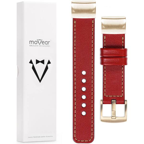 moVear Prestige C1 Leather strap for Garmin QuickFit 20mm (Fenix / Instinct - 43/42/40mm) Scarlet red, Scarlet red stitching [sizes XS-XXL and buckle to choose from]