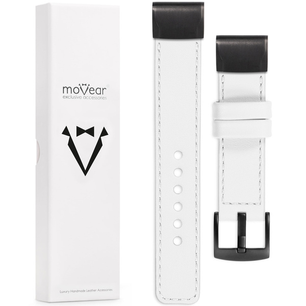 moVear Prestige C1 Leather strap for Garmin QuickFit 20mm (Fenix / Instinct - 43/42/40mm) White, White stitching [sizes XS-XXL and buckle to choose from]