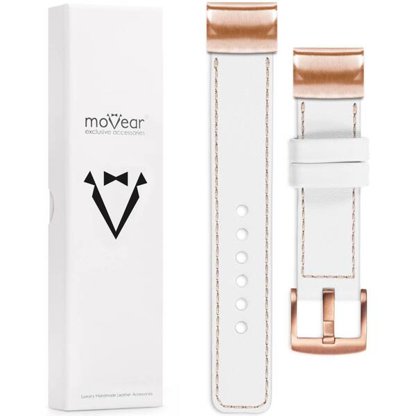 moVear Prestige C1 Leather strap for Garmin QuickFit 20mm (Fenix / Instinct - 43/42/40mm) White, White stitching [sizes XS-XXL and buckle to choose from]