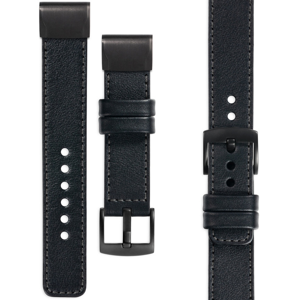 moVear Prestige C1 Leather strap for Garmin QuickFit 22mm (Fenix / Forerunner / Epix / Instinct / Enduro / Quatix / MARQ - 47/45mm) Black, Black stitching [sizes XS-XXL and buckle to choose from]