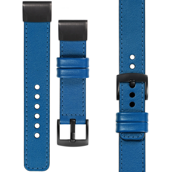 moVear Prestige C1 Leather strap for Garmin QuickFit 22mm (Fenix / Forerunner / Epix / Instinct / Enduro / Quatix / MARQ - 47/45mm) Blue, Blue stitching [sizes XS-XXL and buckle to choose from]