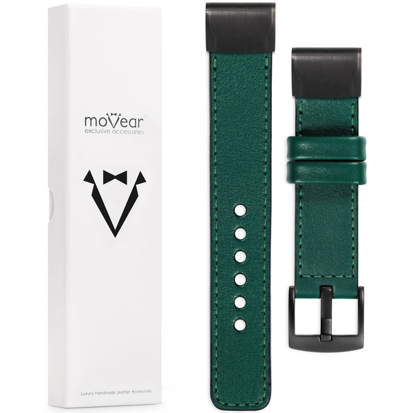 moVear Prestige C1 Leather strap for Garmin QuickFit 22mm (Fenix / Forerunner / Epix / Instinct / Enduro / Quatix / MARQ - 47/45mm) Bottle green, Bottle green stitching [sizes XS-XXL and buckle to choose from]