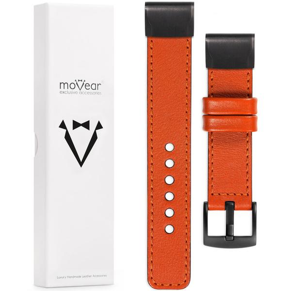 moVear Prestige C1 Leather strap for Garmin QuickFit 26mm (Fenix / Epix / Quatix / Tactix / Enduro - 51mm) Orange, Orange stitching [sizes XS-XXL and buckle to choose from]