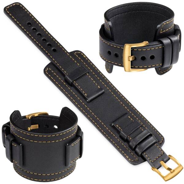 moVear Prestige CW1 19mm Wide leather watch strap with pad | Black, Black stitching [sizes XS-XXL and buckle to choose from]