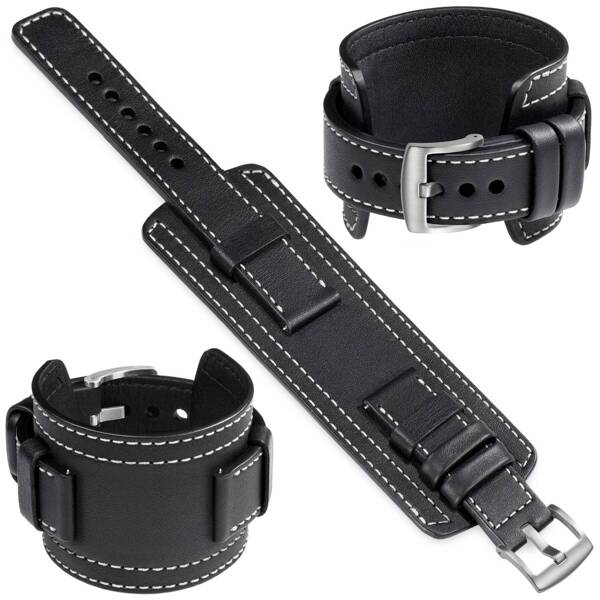 moVear Prestige CW1 21mm Wide leather watch strap with pad | Black, Black stitching [sizes XS-XXL and buckle to choose from]