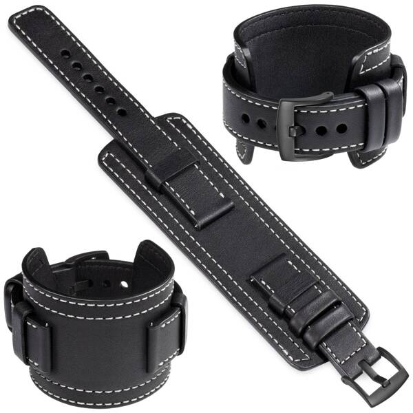 moVear Prestige CW1 22mm Wide leather watch strap with pad | Black, Black stitching [sizes XS-XXL and buckle to choose from]