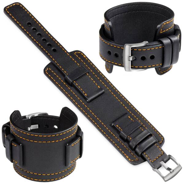 moVear Prestige CW1 22mm Wide leather watch strap with pad | Black, Black stitching [sizes XS-XXL and buckle to choose from]