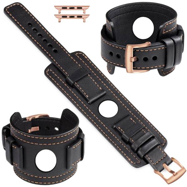 moVear Prestige CW1 22mm Wide leather watch strap with pad for Apple Watch 10 / 9 / 8 / 7 / 6 / 5 / 4 / SE (42/41/40mm) | Black, Black stitching [sizes XS-XXL and buckle to choose from]