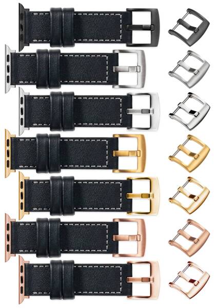 moVear Prestige CW1 22mm Wide leather watch strap with pad for Apple Watch 10 / 9 / 8 / 7 / 6 / 5 / 4 / SE (46/45/44mm) & Ultra (49mm) | Black, Black stitching [sizes XS-XXL and buckle to choose from]