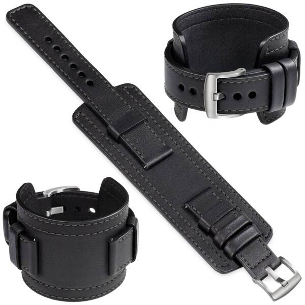 moVear Prestige CW1 22mm Wide leather watch strap with pad for Samsung Galaxy Watch 3 (45mm) / Watch (46mm) / Gear S3 | Black, Black stitching [sizes XS-XXL and buckle to choose from]