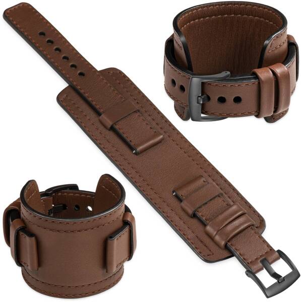 moVear Prestige CW1 22mm Wide leather watch strap with pad for Samsung Galaxy Watch 3 (45mm) / Watch (46mm) / Gear S3 | Dark brown, Dark brown stitching [sizes XS-XXL and buckle to choose from]