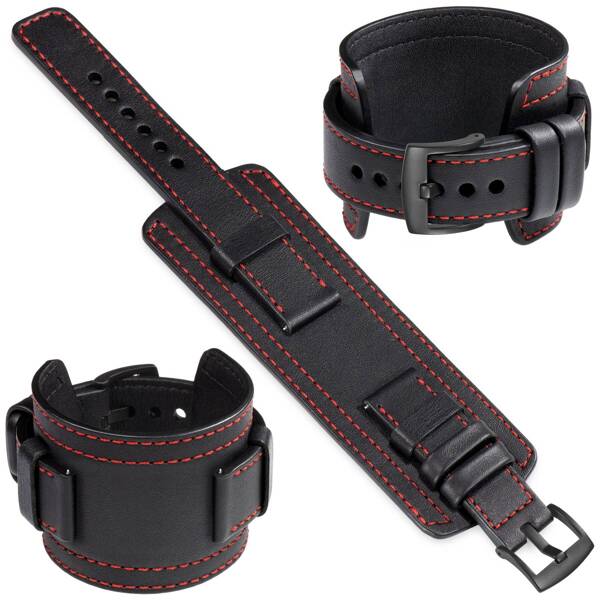 moVear Prestige CW1 24mm Wide leather watch strap with pad | Black, Black stitching [sizes XS-XXL and buckle to choose from]