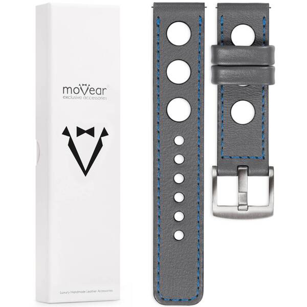 moVear Prestige R1 18mm leather watch strap | Gray, Gray stitching [sizes XS-XXL and buckle to choose from]