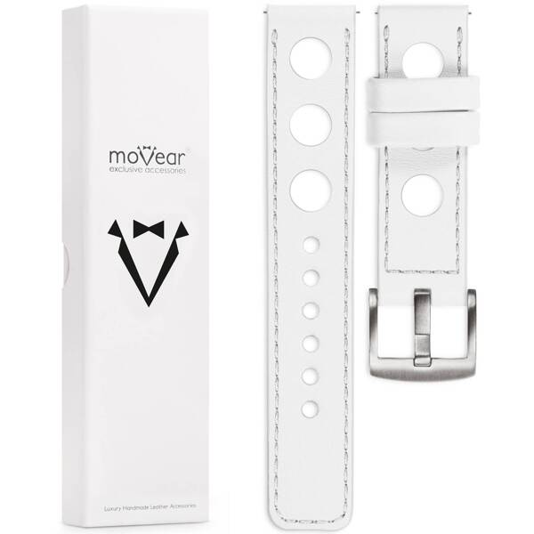 moVear Prestige R1 18mm leather watch strap | White, White stitching [sizes XS-XXL and buckle to choose from]