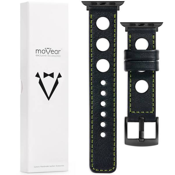 moVear Prestige R1 20mm Black Leather strap for Apple Watch 8 / 7 / 6 / 5 / 4 / SE (41/40mm) | Black stitching [size and buckle to choose from]