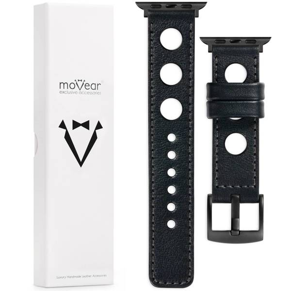 moVear Prestige R1 22mm Black Leather strap for Apple Watch 10 / 9 / 8 / 7 / 6 / 5 / 4 / SE (42/41/40mm) | Black stitching [sizes XS-XXL and buckle to choose from]