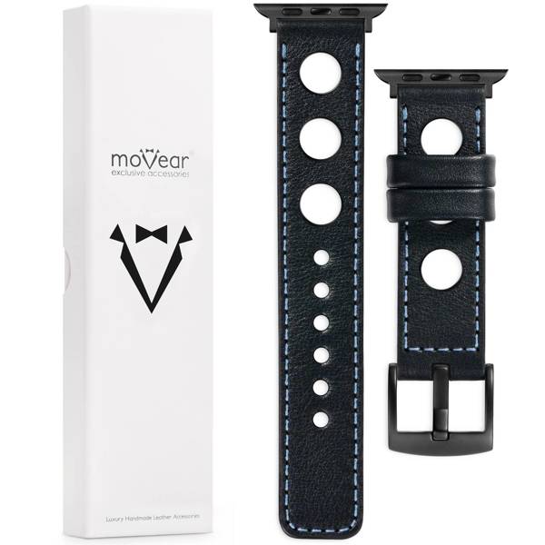 moVear Prestige R1 22mm Black Leather strap for Apple Watch 10 / 9 / 8 / 7 / 6 / 5 / 4 / SE (46/45/44mm) & Ultra (49mm) | Black stitching [sizes XS-XXL and buckle to choose from]