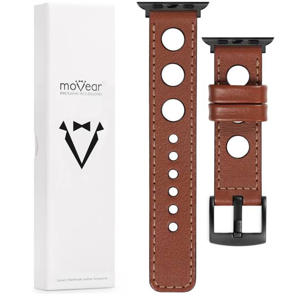 moVear Prestige R1 22mm Brown Leather strap for Apple Watch 10 / 9 / 8 / 7 / 6 / 5 / 4 / SE (46/45/44mm) & Ultra (49mm) | Brown stitching [sizes XS-XXL and buckle to choose from]