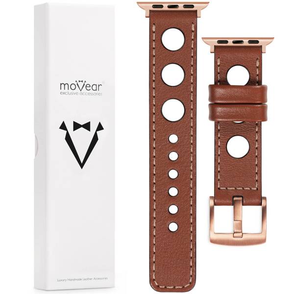 moVear Prestige R1 22mm Brown Leather strap for Apple Watch 10 / 9 / 8 / 7 / 6 / 5 / 4 / SE (46/45/44mm) & Ultra (49mm) | Brown stitching [sizes XS-XXL and buckle to choose from]