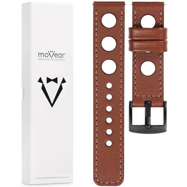 moVear Prestige R1 22mm Brown Leather strap for Garmin Vivoactive 4, Venu 3/2 | Brown stitching [sizes XS-XXL and buckle to choose from]