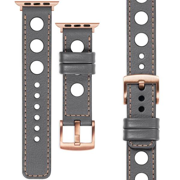 moVear Prestige R1 22mm Gray Leather strap for Apple Watch 10 / 9 / 8 / 7 / 6 / 5 / 4 / SE (42/41/40mm) | Gray stitching [sizes XS-XXL and buckle to choose from]