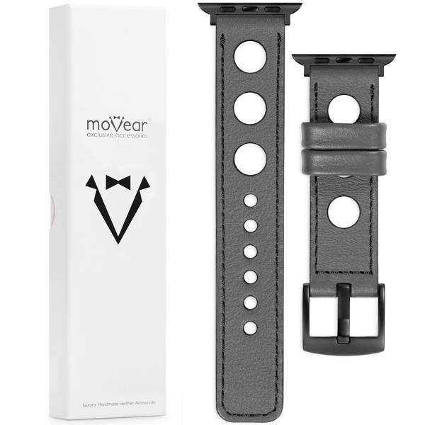 moVear Prestige R1 22mm Gray Leather strap for Apple Watch 10 / 9 / 8 / 7 / 6 / 5 / 4 / SE (46/45/44mm) & Ultra (49mm) | Gray stitching [sizes XS-XXL and buckle to choose from]