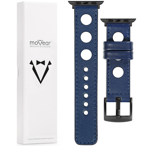 moVear Prestige R1 22mm Navy blue Leather strap for Apple Watch 10 / 9 / 8 / 7 / 6 / 5 / 4 / SE (42/41/40mm) | Navy blue stitching [sizes XS-XXL and buckle to choose from]