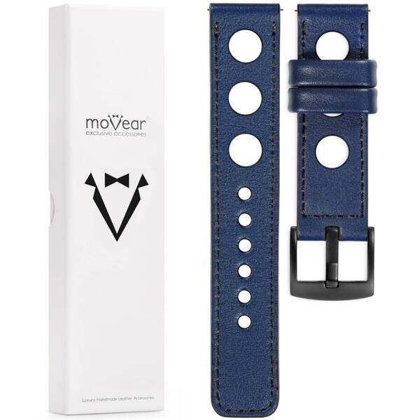 moVear Prestige R1 22mm Navy blue Leather strap for Samsung Galaxy Watch 3 (45mm) / Watch (46mm) / Gear S3 | Navy blue stitching [sizes XS-XXL and buckle to choose from]