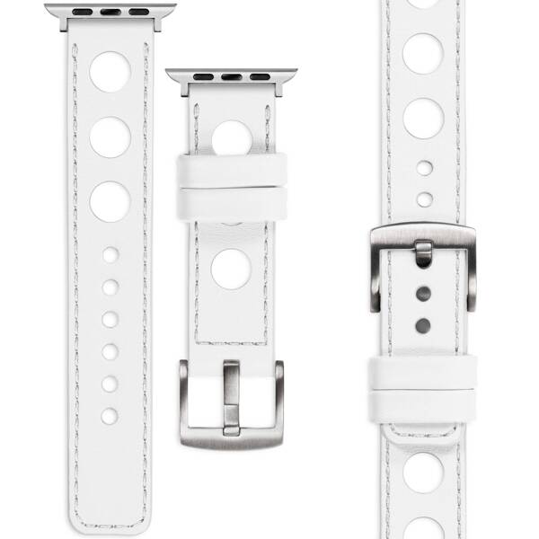 moVear Prestige R1 22mm White Leather strap for Apple Watch 10 / 9 / 8 / 7 / 6 / 5 / 4 / SE (42/41/40mm) | White stitching [sizes XS-XXL and buckle to choose from]