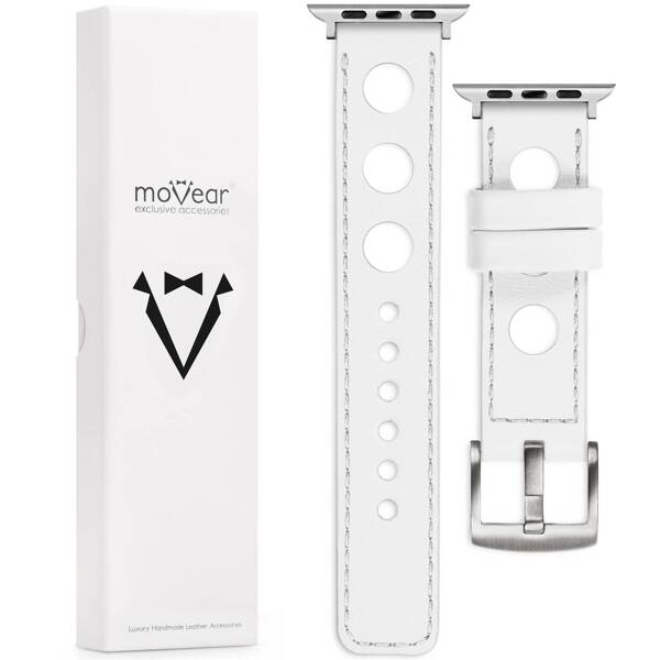 moVear Prestige R1 22mm White Leather strap for Apple Watch 10 / 9 / 8 / 7 / 6 / 5 / 4 / SE (42/41/40mm) | White stitching [sizes XS-XXL and buckle to choose from]