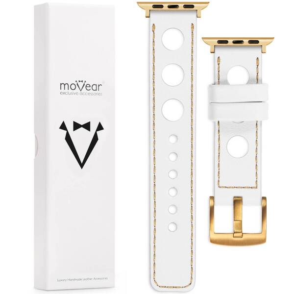 moVear Prestige R1 22mm White Leather strap for Apple Watch 10 / 9 / 8 / 7 / 6 / 5 / 4 / SE (42/41/40mm) | White stitching [sizes XS-XXL and buckle to choose from]